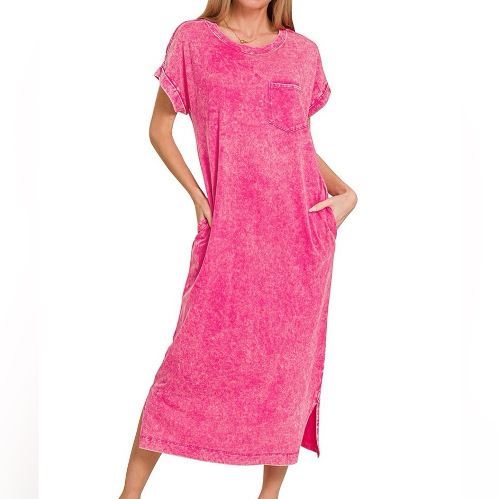 NWT Zenana Hot Pink Acid Wash Short Sleeve Midi Length T-Shirt Dress